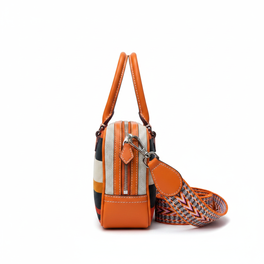 Striped Canvas Mini Camera Crossbody Bag - Studio Side View