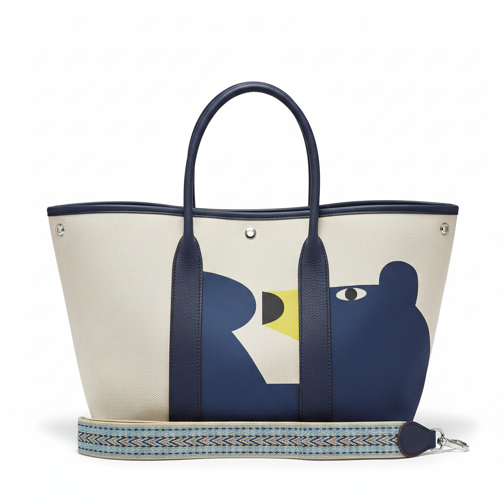 Hermès Garden Party Navy - Studio Front View with Woven Strap
