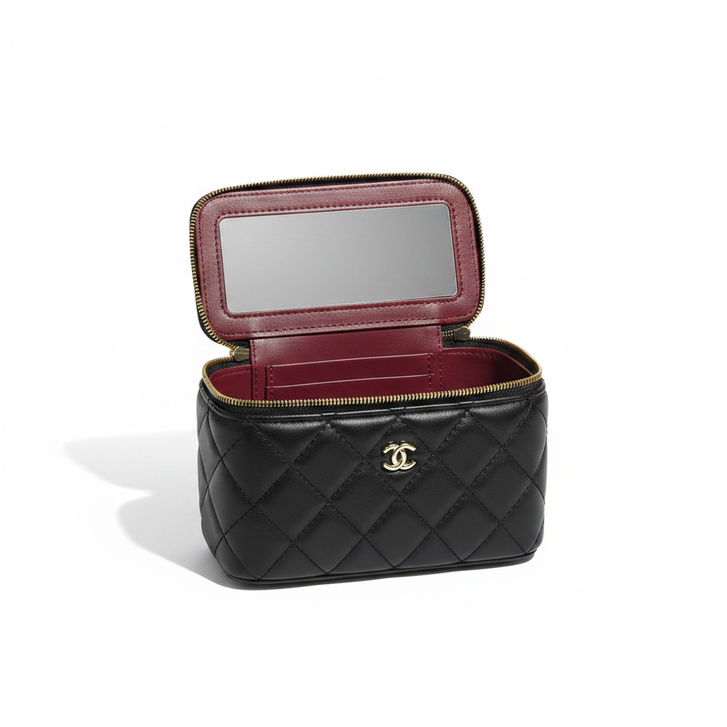 Chanel Vanity Case Black - Studio Open Interior Gold Zipper View