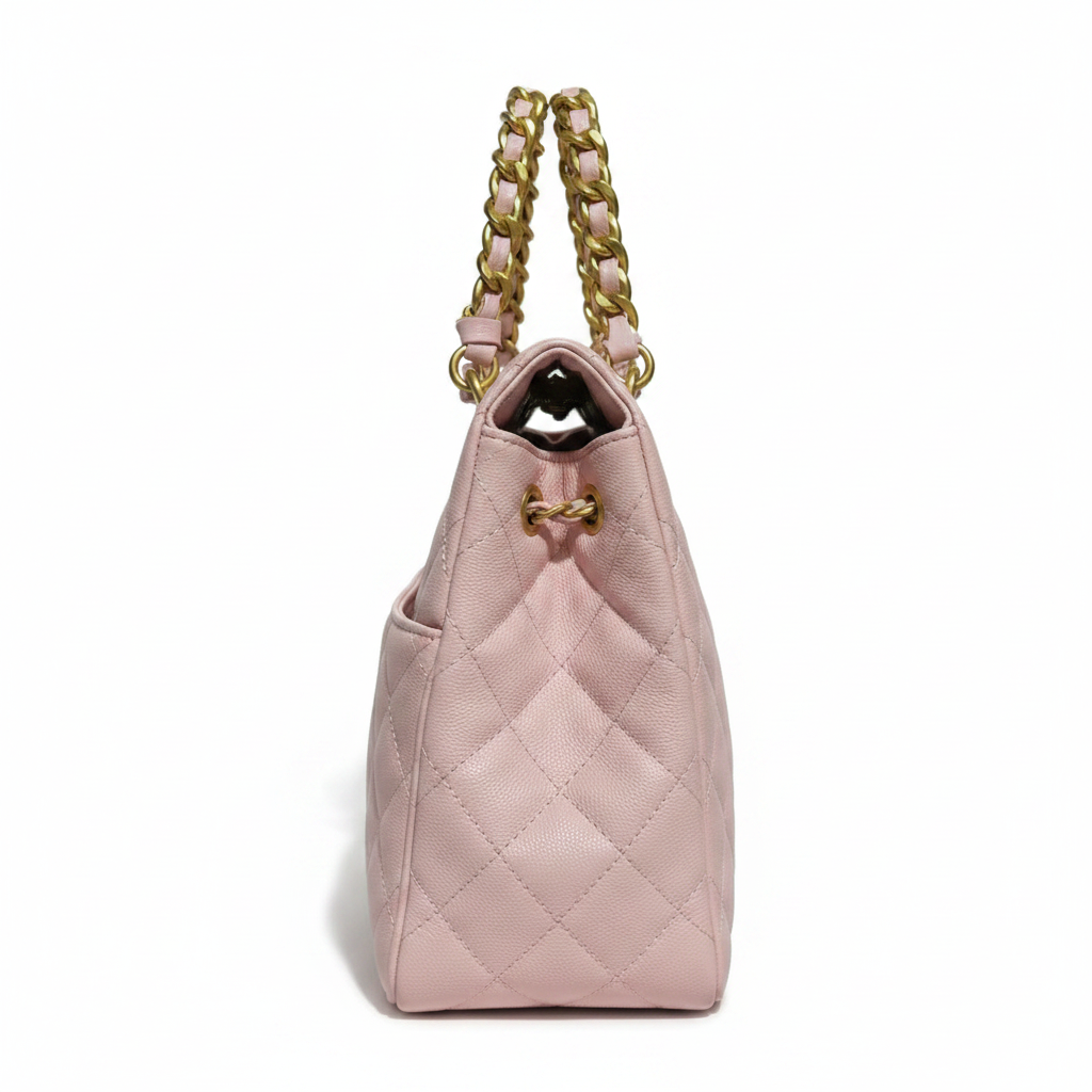 Chanel pink quilted tote side view