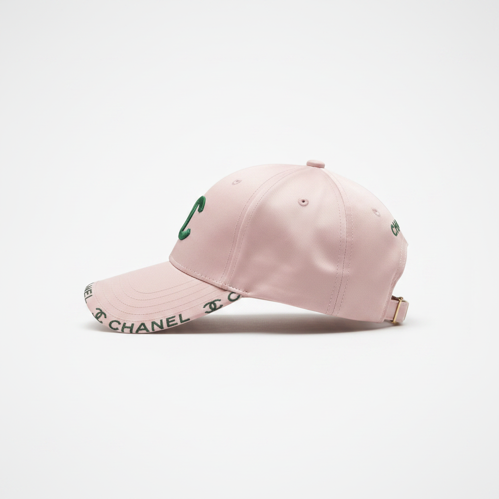 Chanel pink green CC cap side profile view