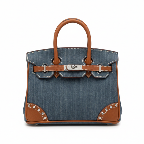 Denim Birkin Tote Cognac - Studio Front View