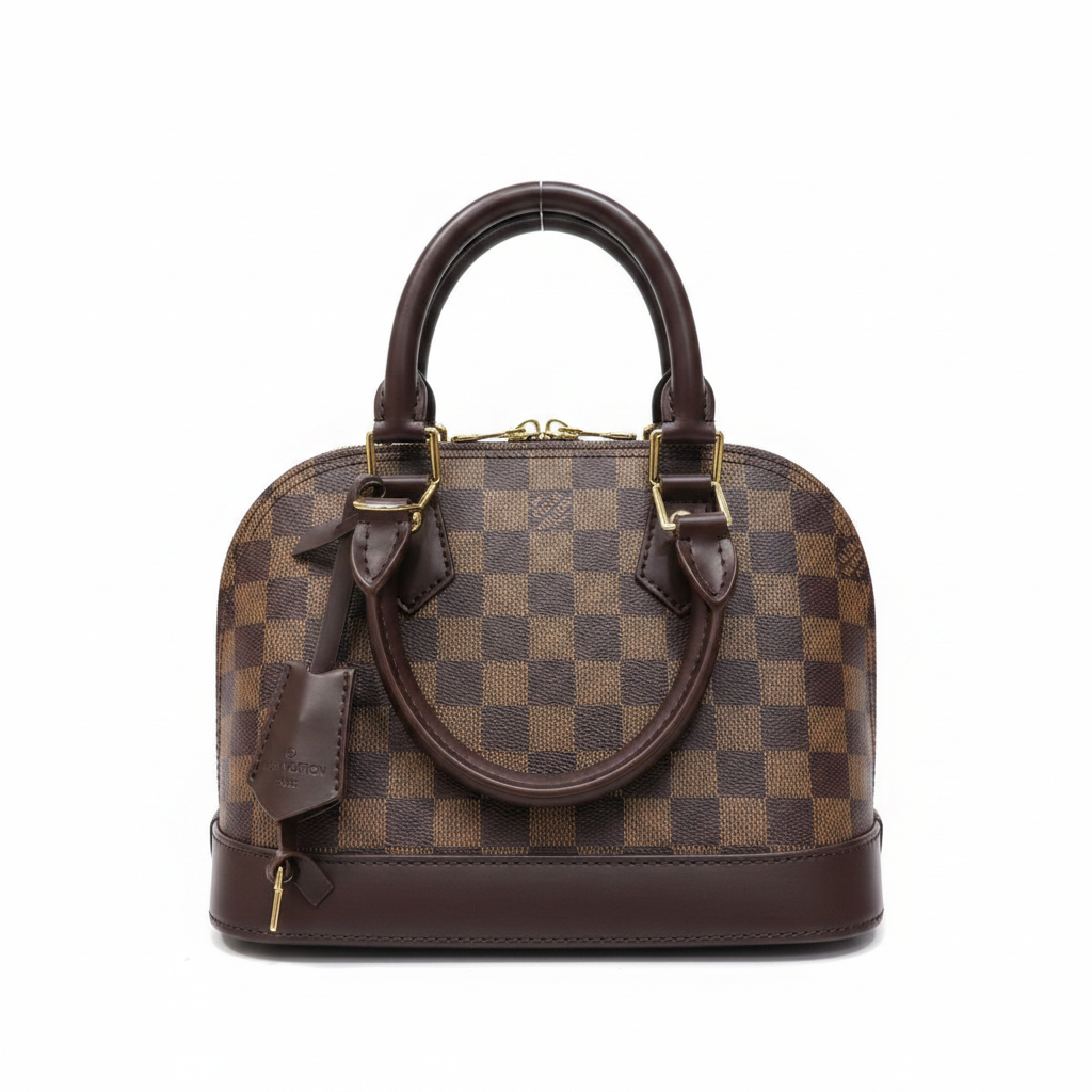 Louis Vuitton Alma BB Damier Ebène - Front view with LV tag white background